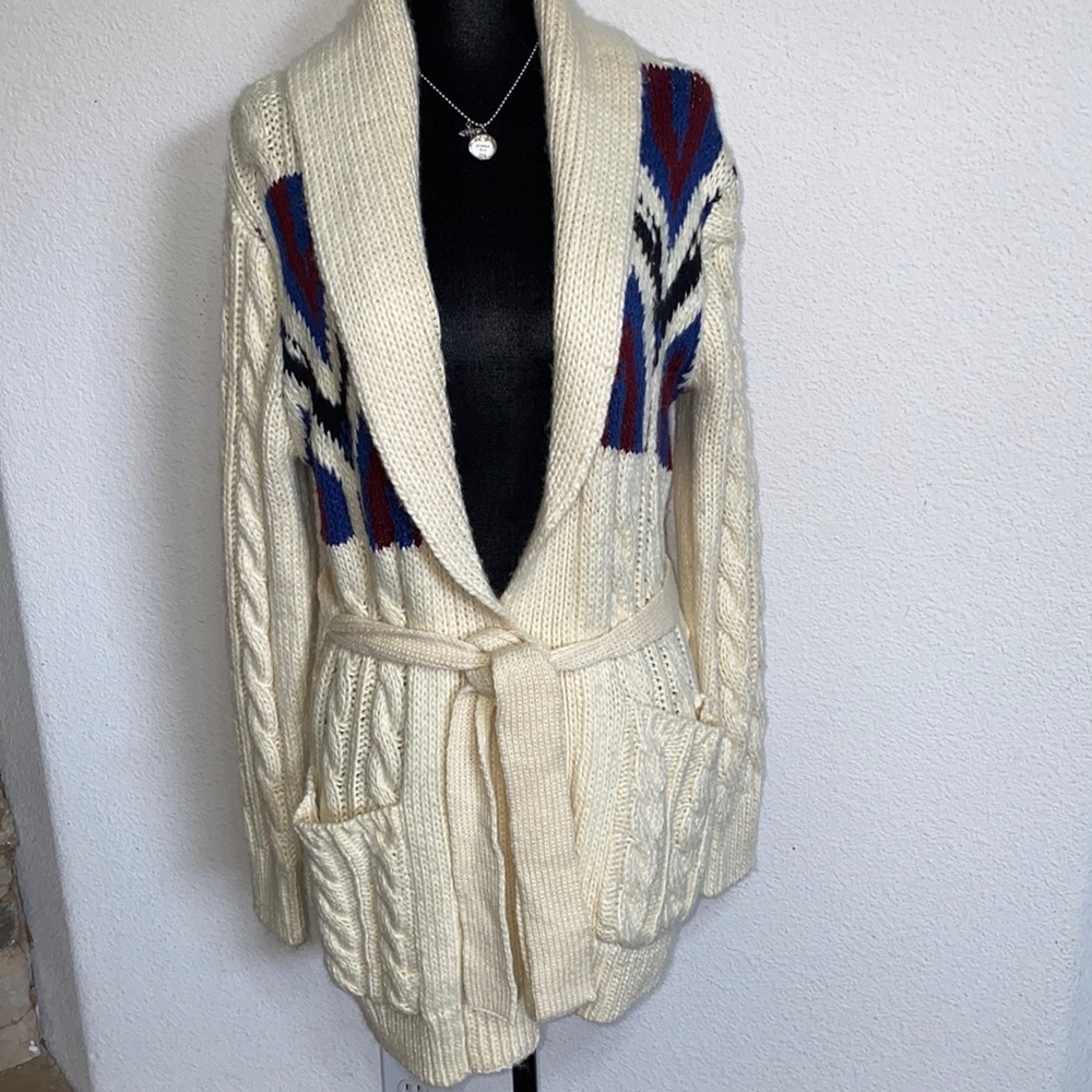 Forever 22- Off White, Red and Blue Front Tie Knit Jacket